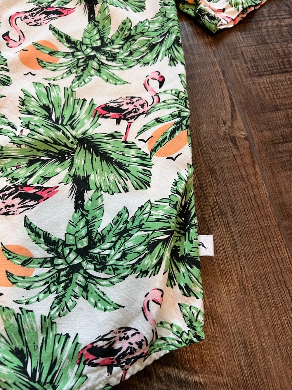 Boys Tommy Bahama White Short Sleeve Shirt with Green Palm & Pink Flamingo Print